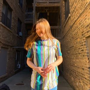 Soft short sleeved T-shirt with teal blue and yellow horizontal stripes.